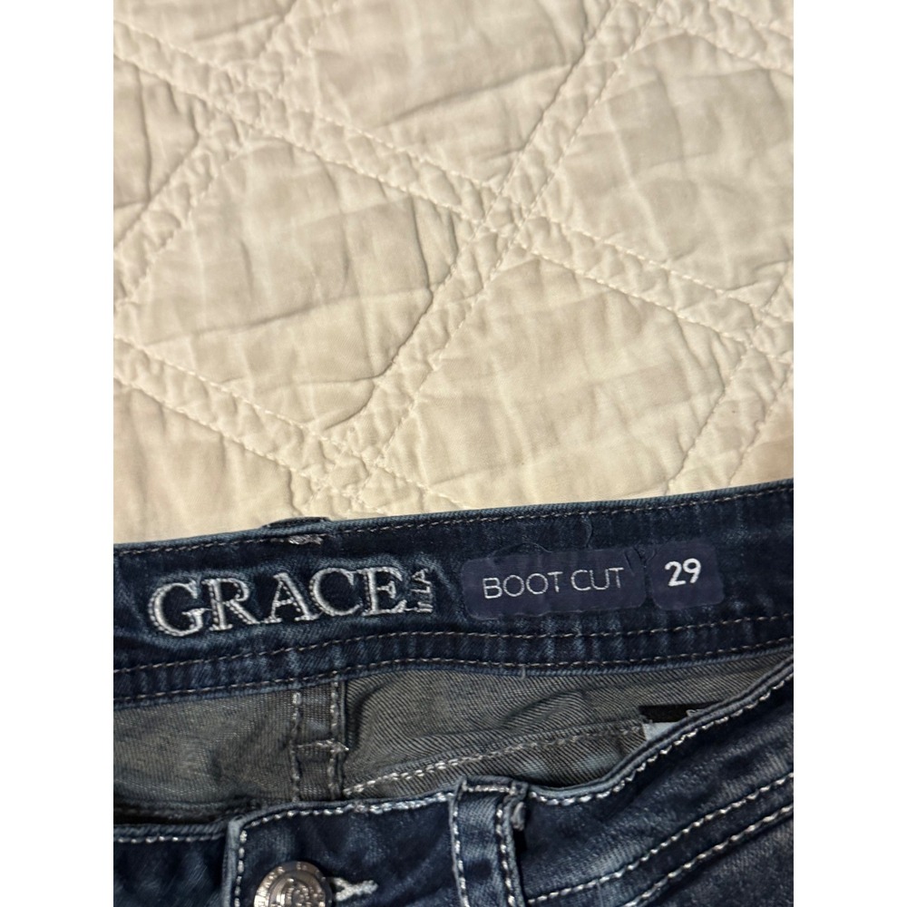 Grace in LA Boot Cut Jeans Womens 29 Blue Embroidered Sequin Flap Pocket Denim - Picture 6 of 10